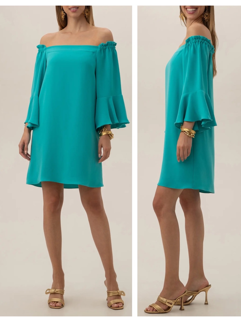 NWT Trina Turk Knox Mini Dress Tranquil Turquoise Off Shoulder Bell Sleeve